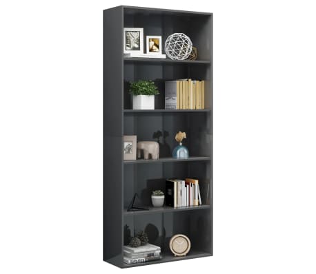 vidaXL 5-Tier Book Cabinet High Gloss Gray 31.5"x11.8"x74.4" Engineered Wood