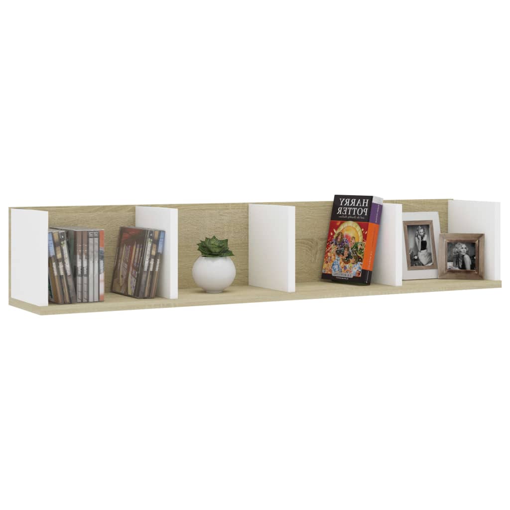 vidaXL CD Wall Shelf White and Sonoma Oak 39.4"x7.1"x7.1" Engineered Wood