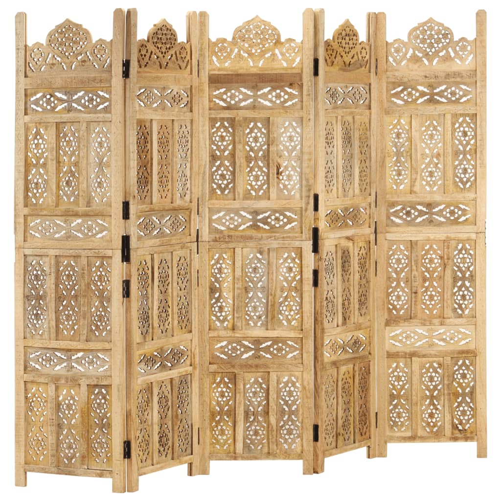 Hand carved 5-Panel Room Divider 200×165 cm Solid Mango Wood