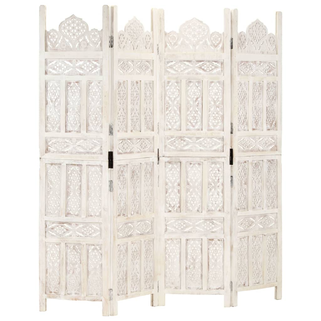 Hand carved 4-Panel Room Divider White 160×165 cm Solid Mango Wood