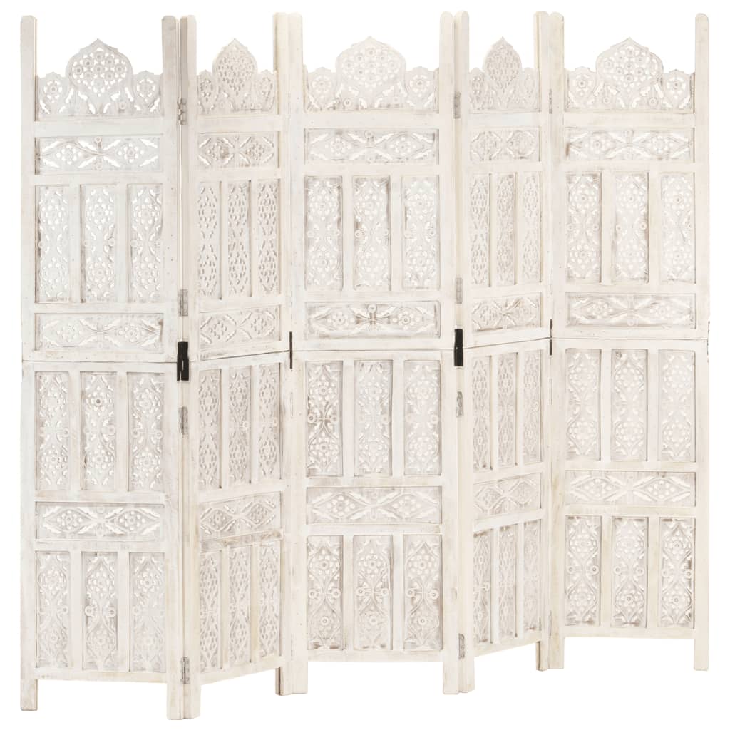 vidaXL Hand carved 5-Panel Room Divider White 200×165 cm Solid Mango Wood