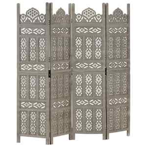 Ročno izrezljan paravan 4-delni siv 160x165 cm trden mangov les