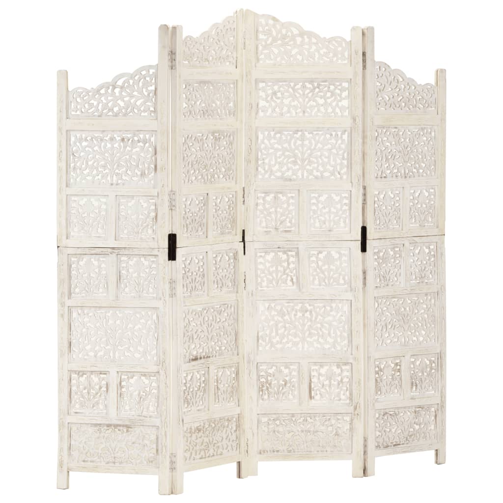 Hand carved 4-Panel Room Divider White 160×165 cm Solid Mango Wood