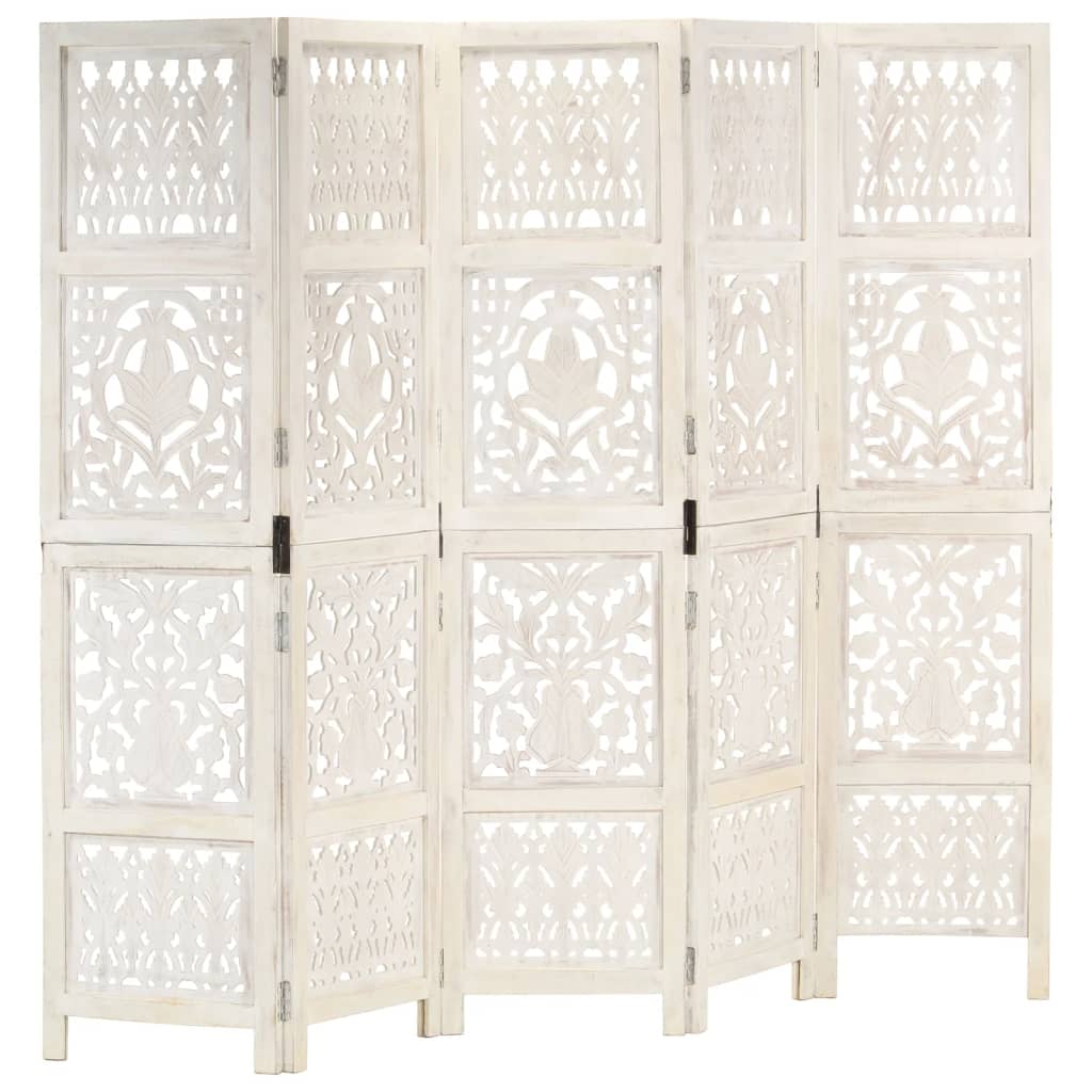 Hand carved 5-Panel Room Divider White 200×165 cm Solid Mango Wood