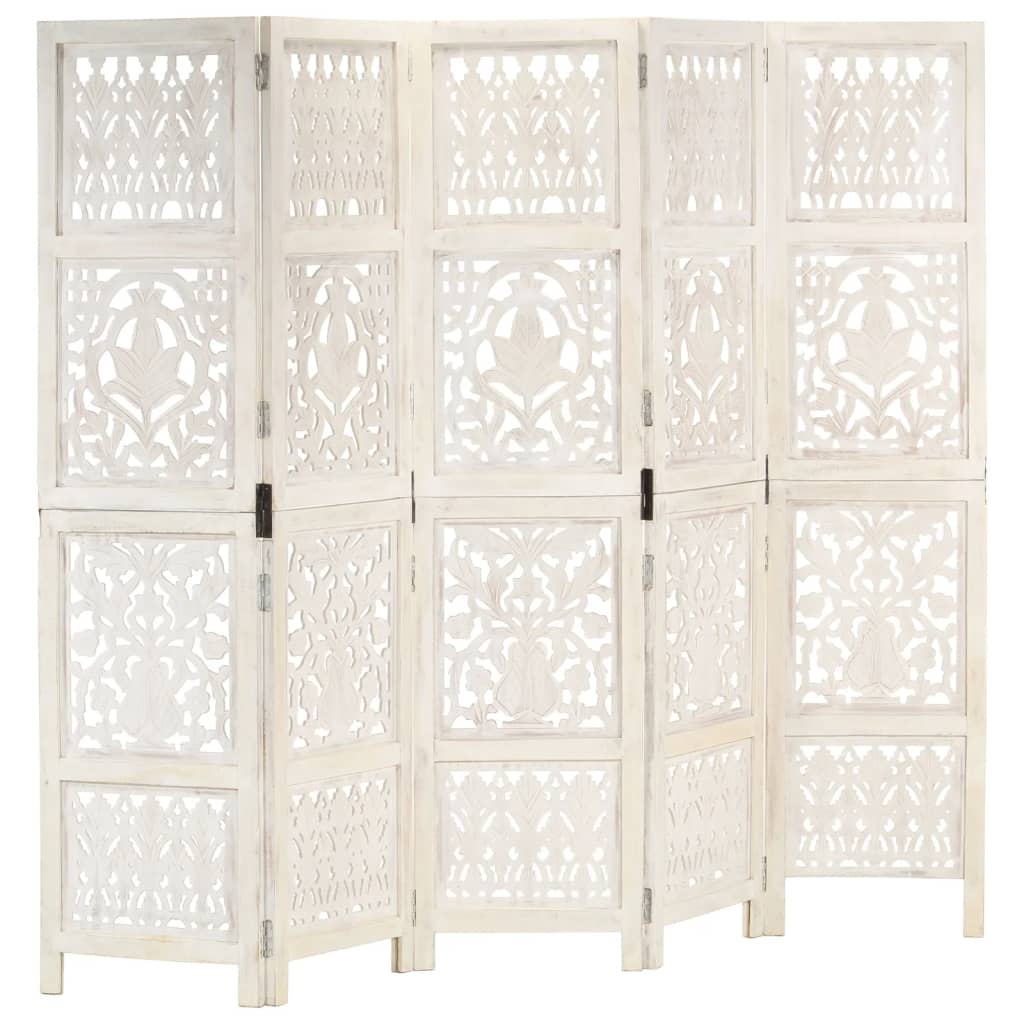 

vidaXL Hand carved 5-Panel Room Divider White 78.7"x65" Solid Mango Wood