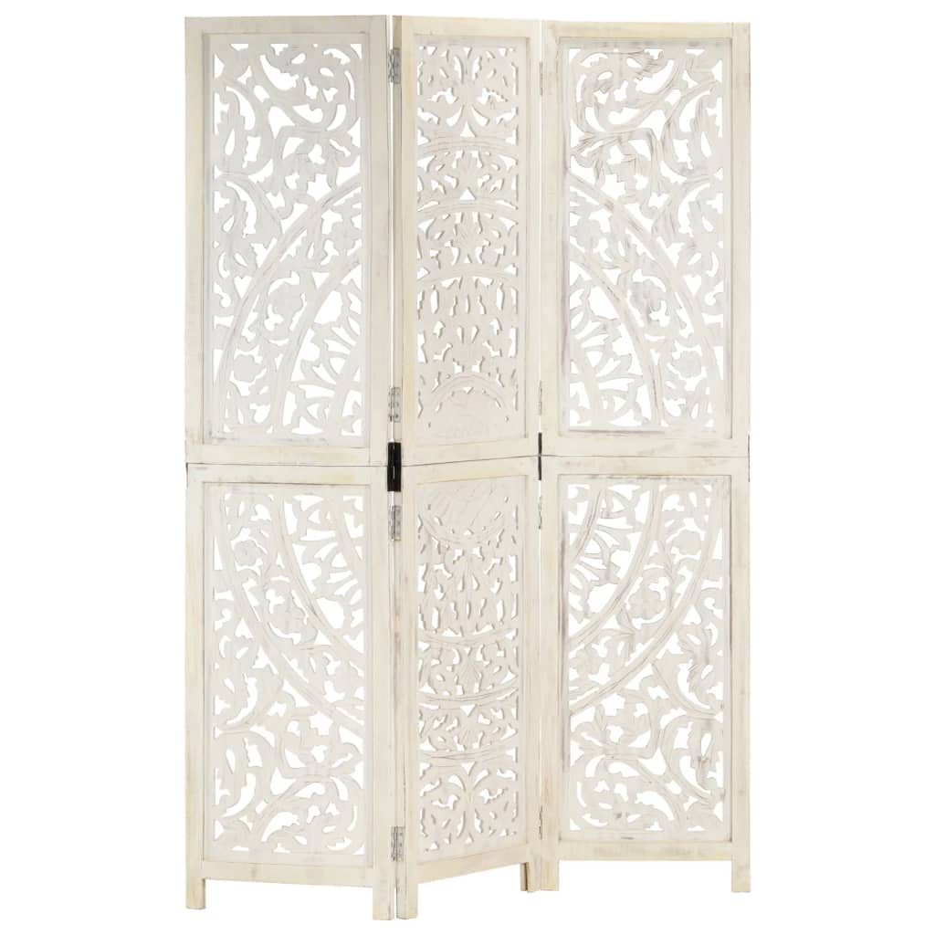 Hand carved 3-Panel Room Divider White 120×165 cm Solid Mango Wood