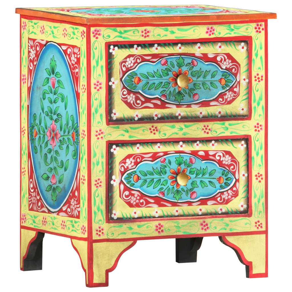 Table De Chevet Peinte à La Main En Bois De Manguier - 40x30x50 Cm - 2 Tiroirs - Style Rétro Multicolore