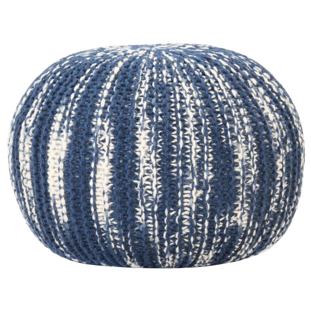 vidaXL Fotoliu puf tricotat manual, albastru/alb, 50x35 cm, lână