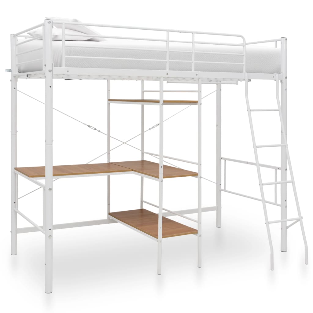 vidaXL Cadru de pat supraetajat cu masă, alb, 90 x 200 cm, metal vidaXL