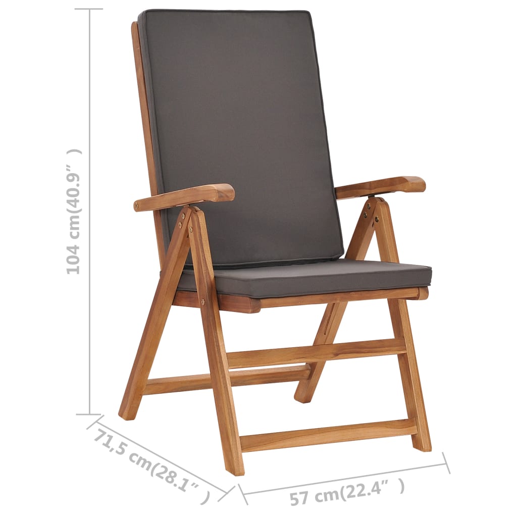 2 db szürke dönthető tömör tíkfa kerti szék párnákkal 