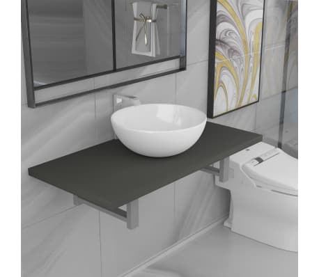 vidaXL Set Mobili da Bagno 2 pz Stabile e Durevole Elegante Mensola a Muro con Lavabo Lucido in Ceramica Grigio Piano in Truciolato e Metallo
