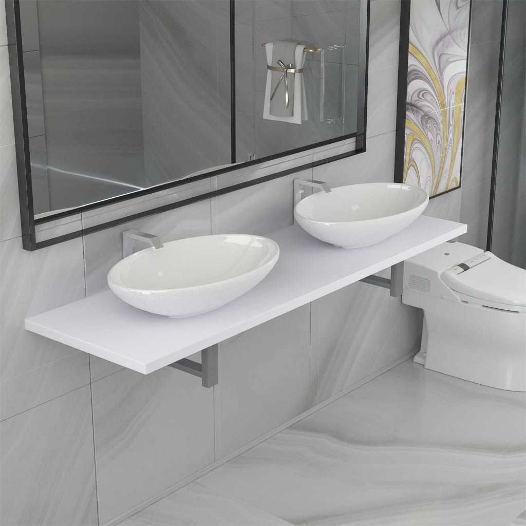 vidaXL Set mobilier de baie din trei piese, alb, ceramică imagine vidaxl.ro