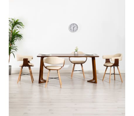 vidaXL Трапезни столове, 4 бр, кремави, изкуствена кожа и извито дърво