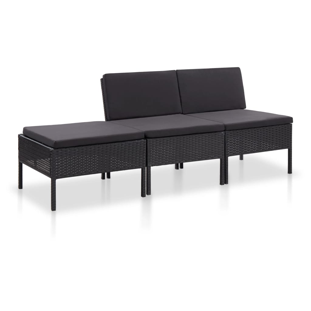 vidaXL 3-tlg. Garten-Lounge-Set mit Auflagen Poly Rattan Schwarz