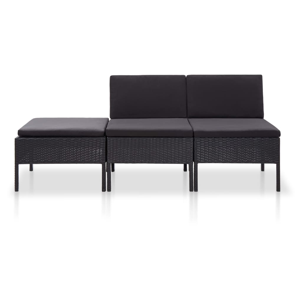 vidaXL 3-delige Loungeset met kussens poly rattan zwart afbeelding
