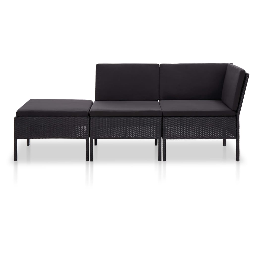 

vidaXL 3-delige Loungeset met kussens poly rattan zwart