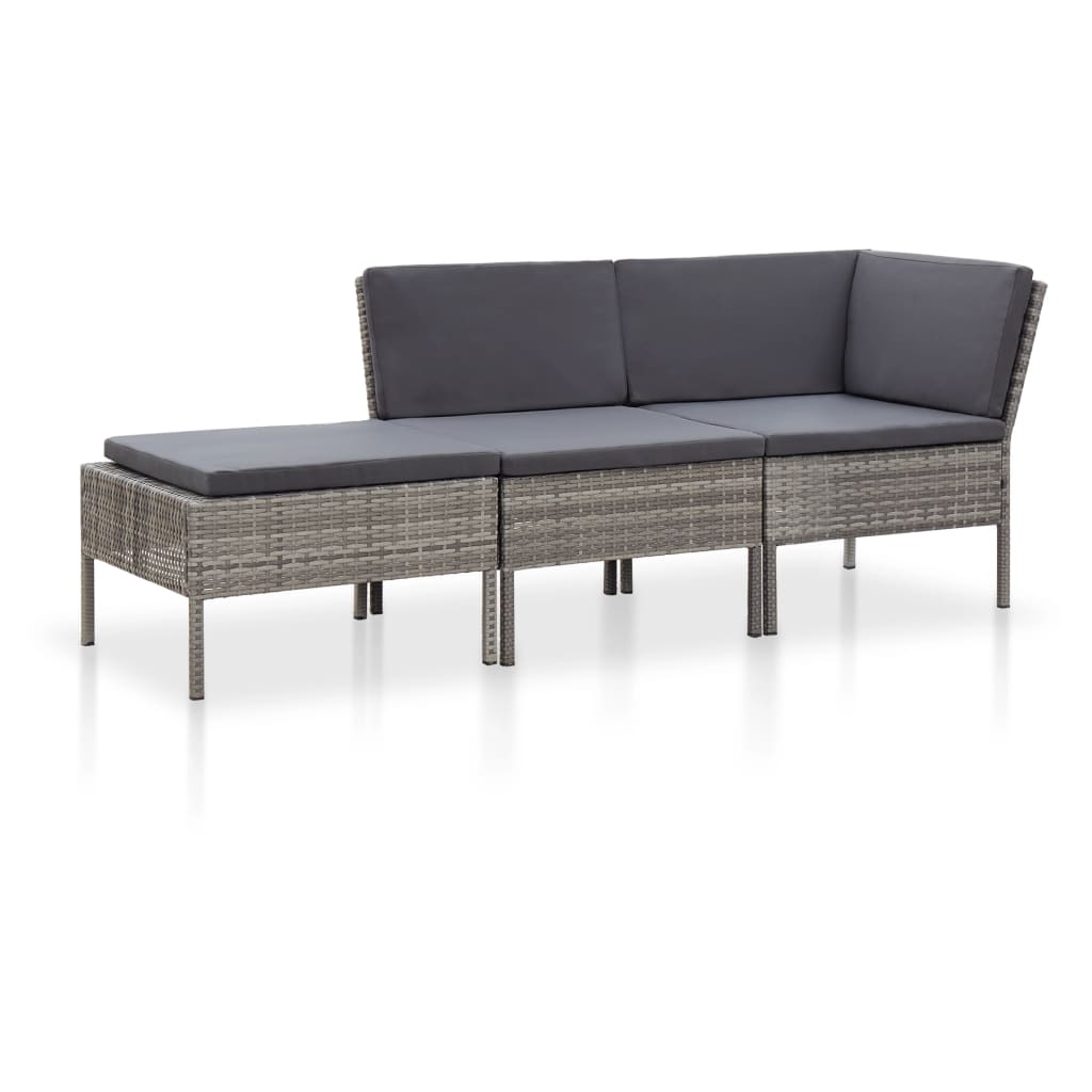 vidaXL 3-tlg. Garten-Lounge-Set mit Auflagen Poly Rattan Grau