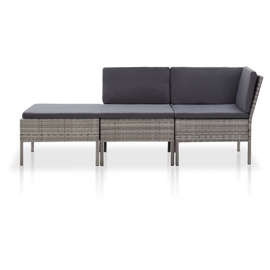 

vidaXL 3-delige Loungeset met kussens poly rattan grijs