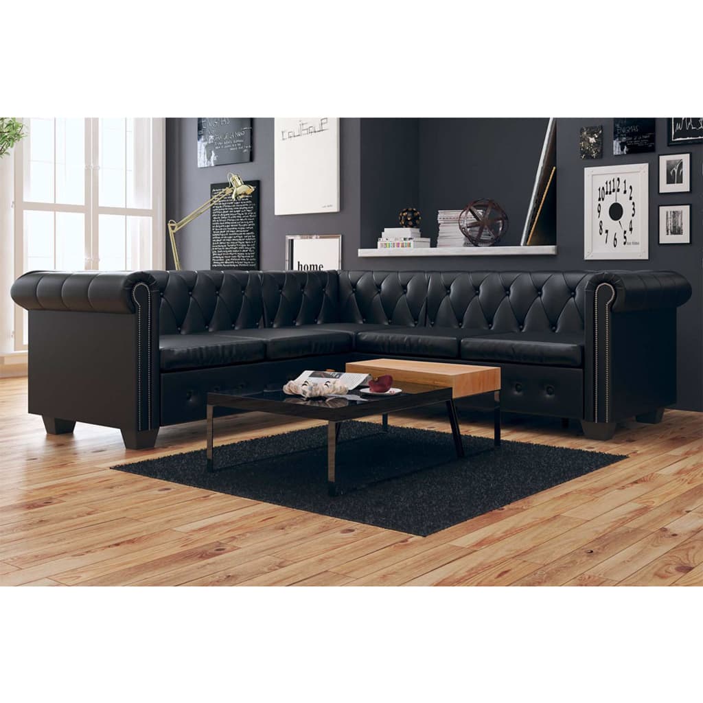 vidaXL Canapea de colț Chesterfield cu 5 locuri, piele ecologică neagră