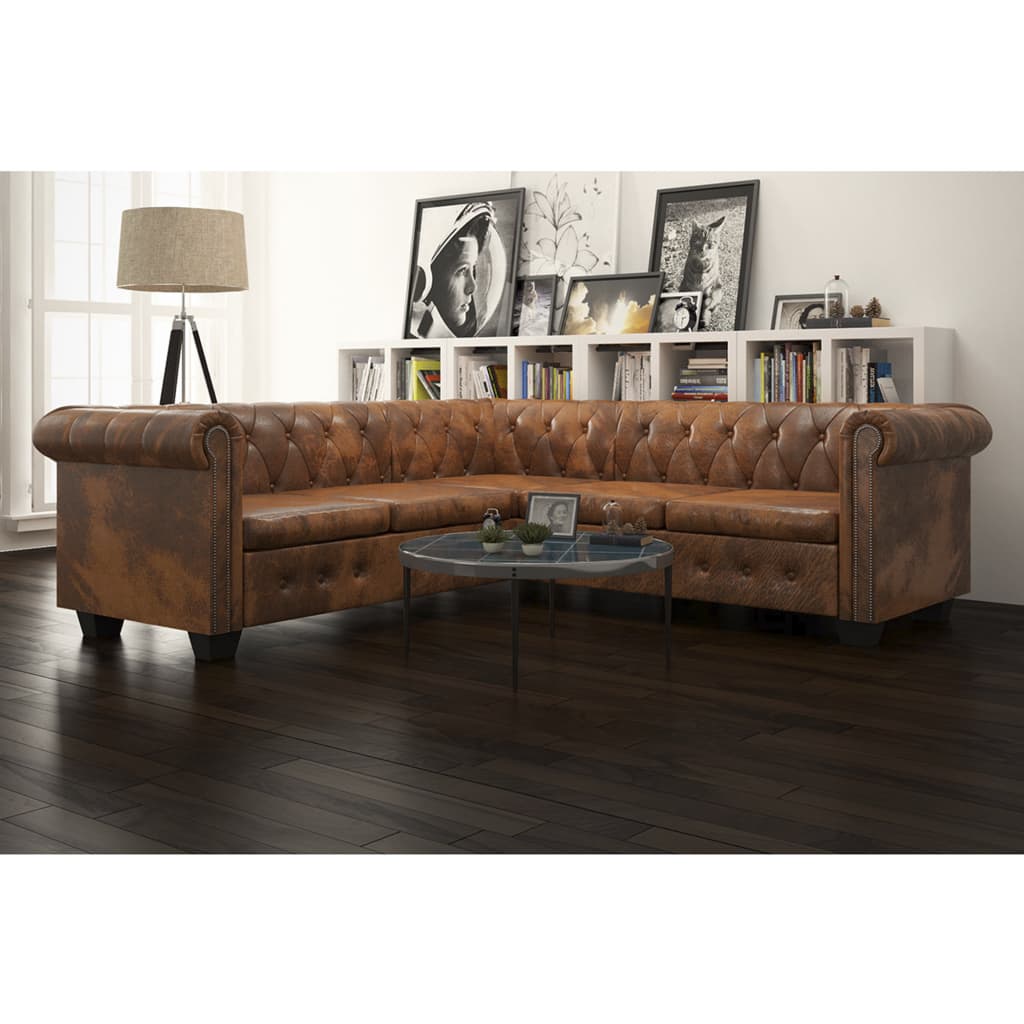vidaXL Canapea de colț Chesterfield cu 5 locuri, piele ecologică, maro
