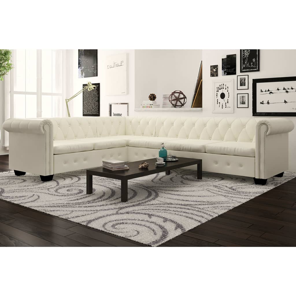 vidaXL Canapea de colț Chesterfield cu 6 locuri, piele ecologică, albă