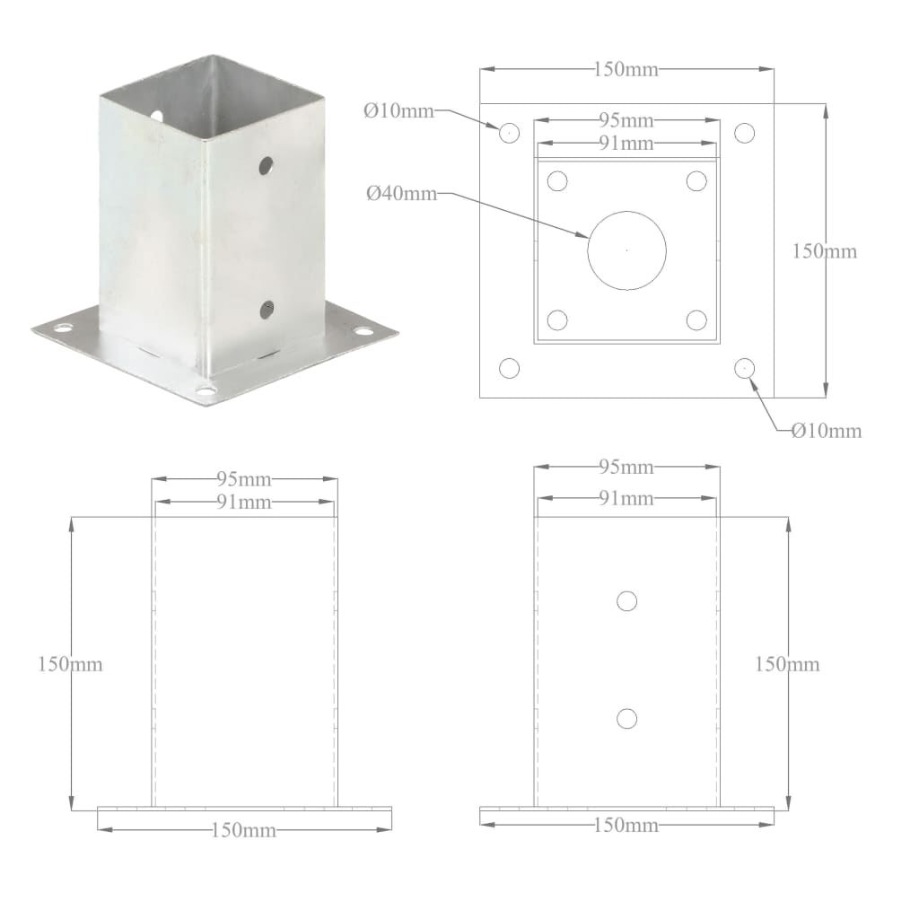 4 db horganyzott fém oszloprögzítő 91 mm 