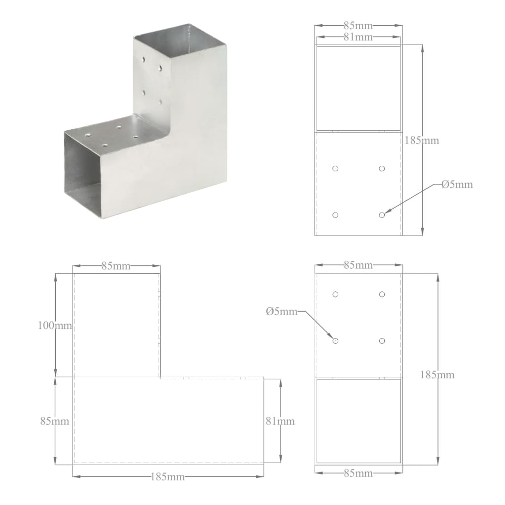 L alakú horganyzott fém oszloptartó 81 x 81 mm 