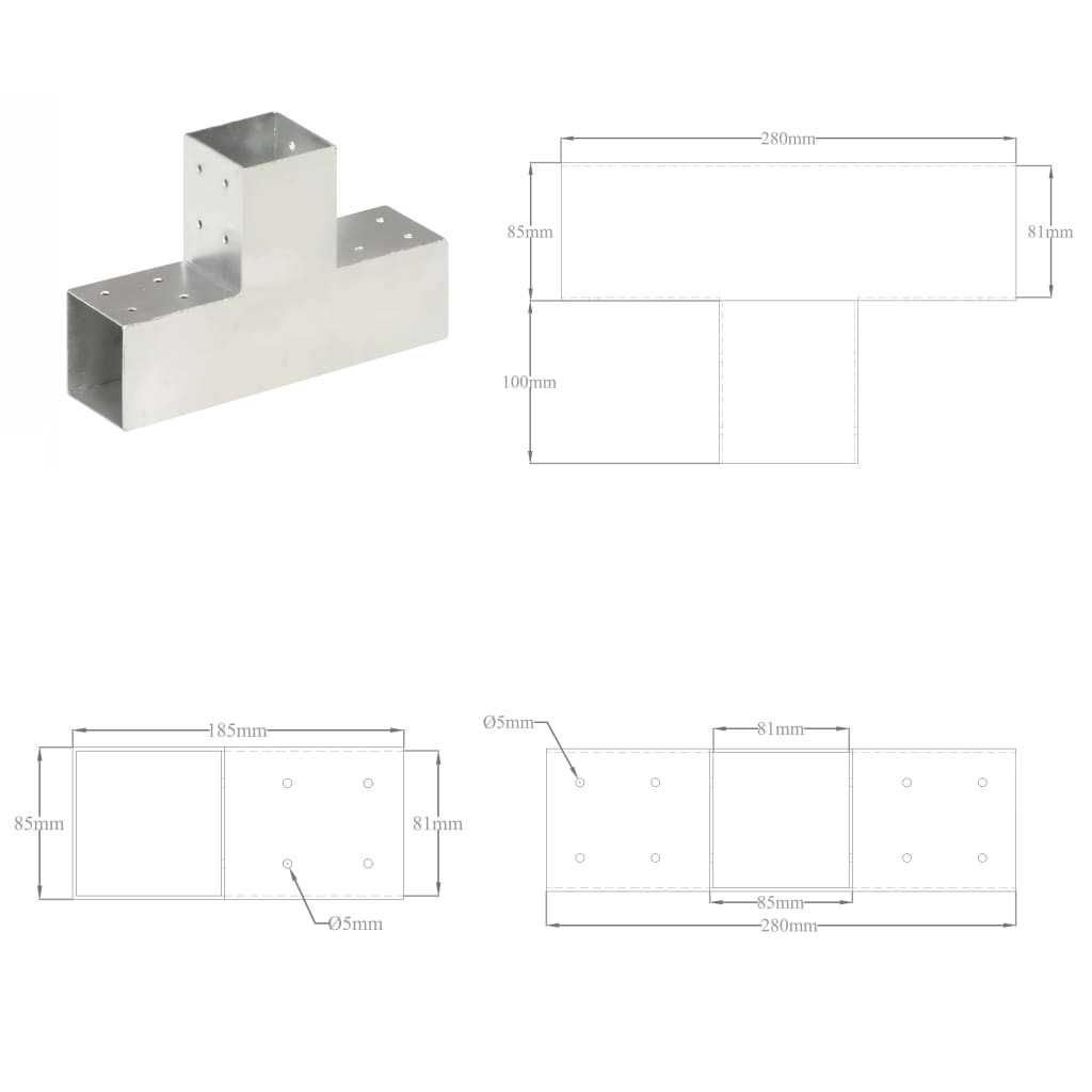 T alakú horganyzott fém oszloptartó 81 x 81 mm 