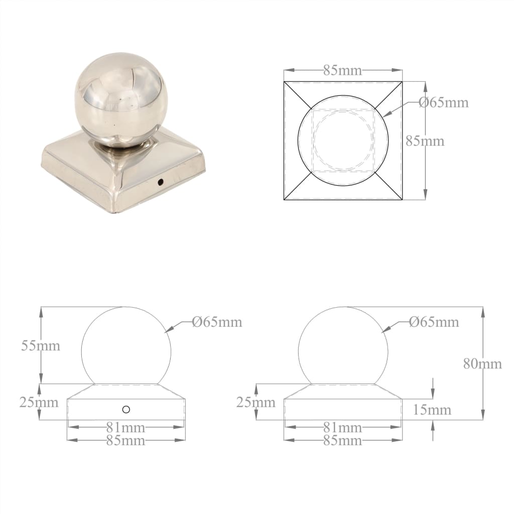 6 db gömb alakú rozsdamentes acél kerítésoszlop-sapka 81x81 mm 