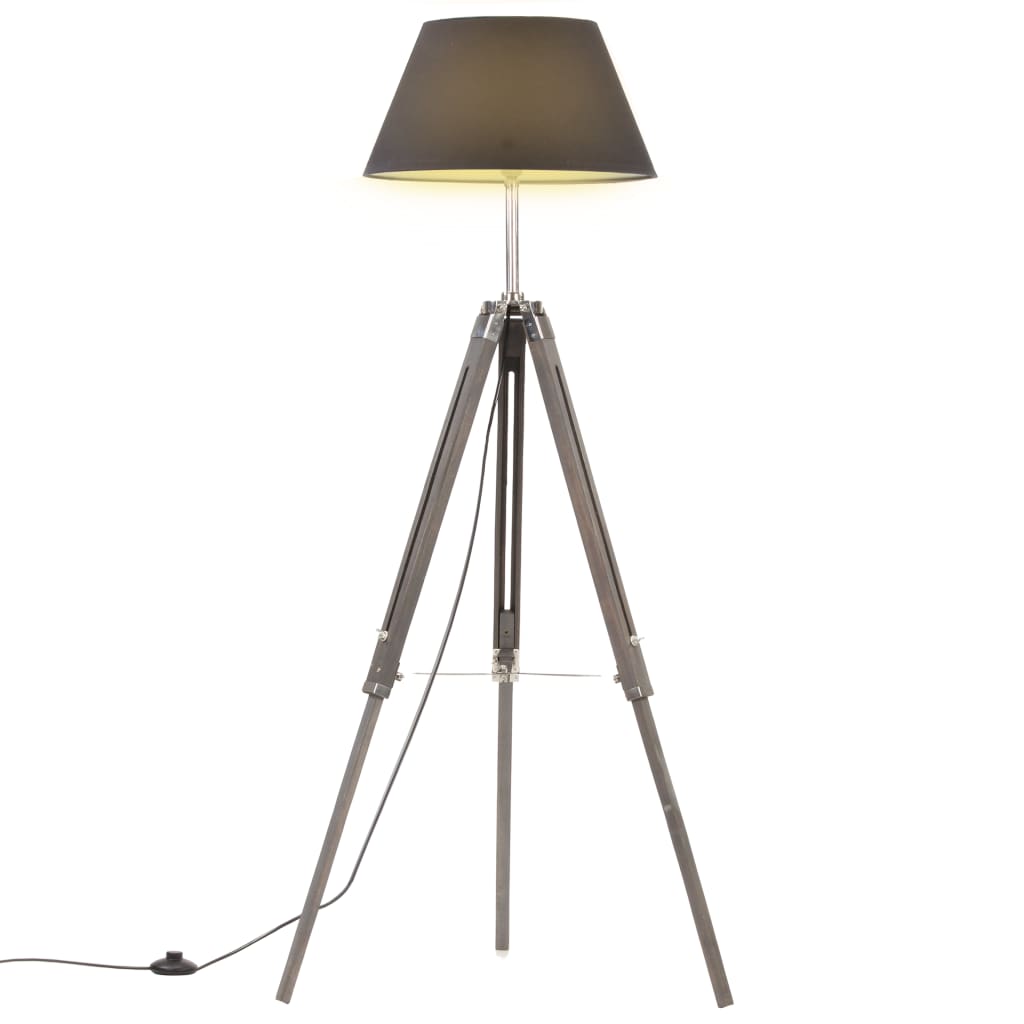 vidaXL Lampă de podea cu trepied, gri/negru, 141 cm, lemn masiv tec vidaXL imagine noua 2022
