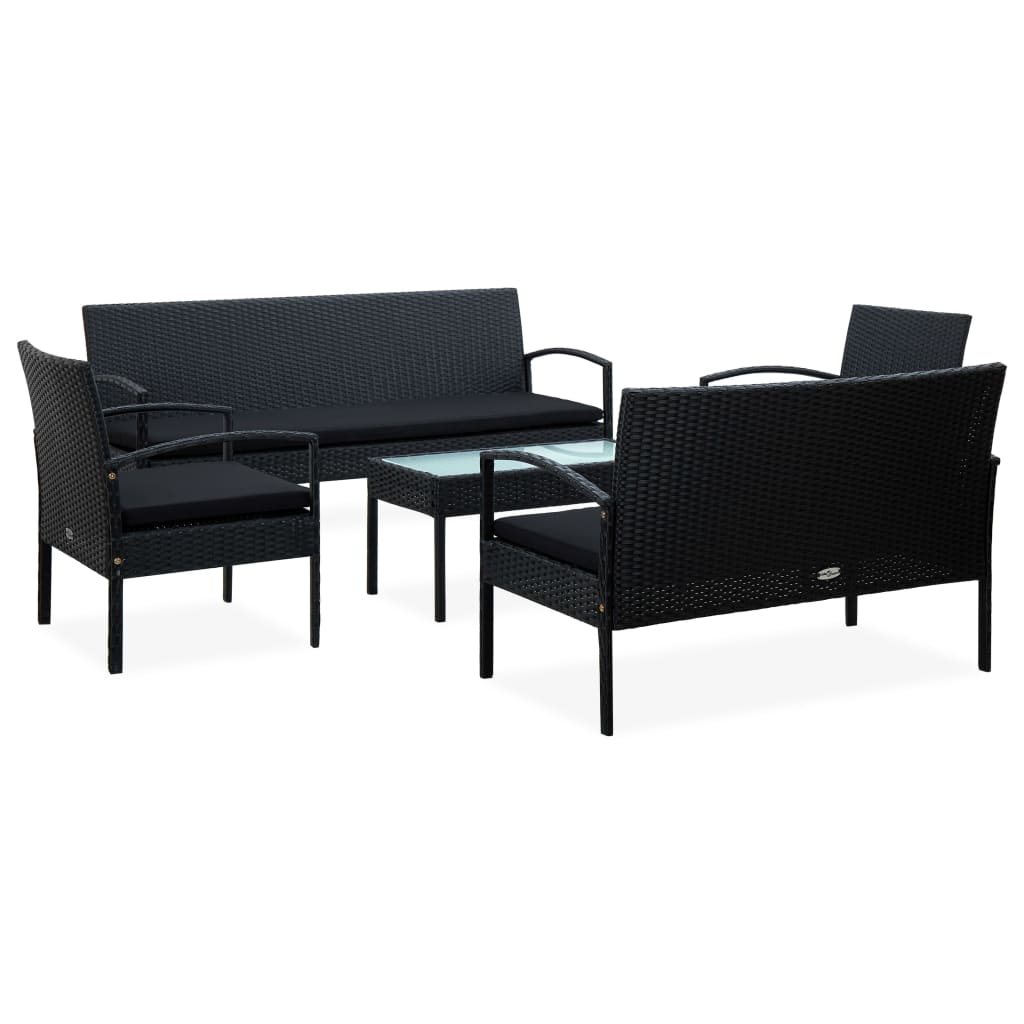 vidaXL 5-tlg. Garten-Lounge-Set mit Auflagen Poly Rattan Schwarz