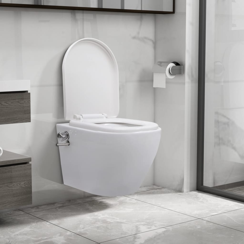 vidaXL Vas WC suspendat fără ramă cu funcție de bideu, alb, ceramică poza 2021 vidaXL