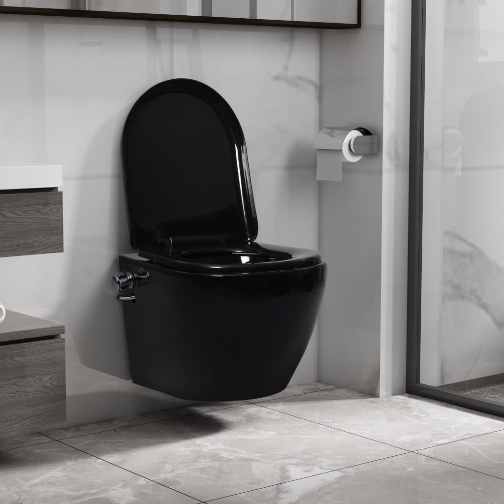vidaXL Vas WC suspendat fără ramă cu funcție de bideu, negru, ceramică poza 2021 vidaXL