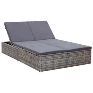 vidaXL Doppel-Sonnenliege mit Auflage Poly Rattan Grau