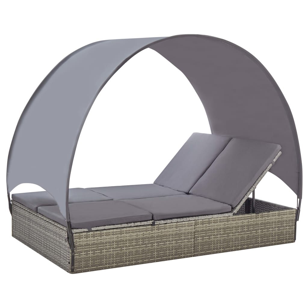 

vidaXL Double Sun Lounger with Canopy Poly Rattan Gray