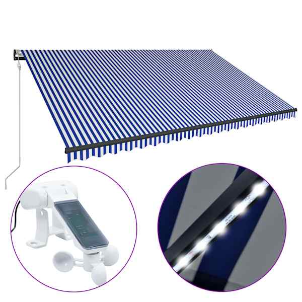 vidaXL varikatus, tuuleandur ja LED, 500 x 300 cm, sinine ja valge