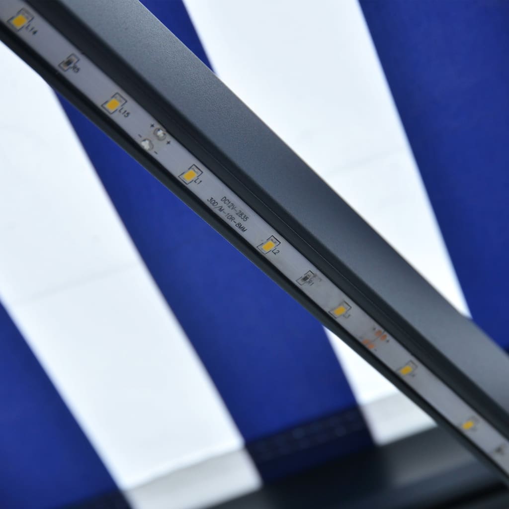 Markiza z LED i czujnikiem wiatru, 600x300 cm, niebiesko-biała
