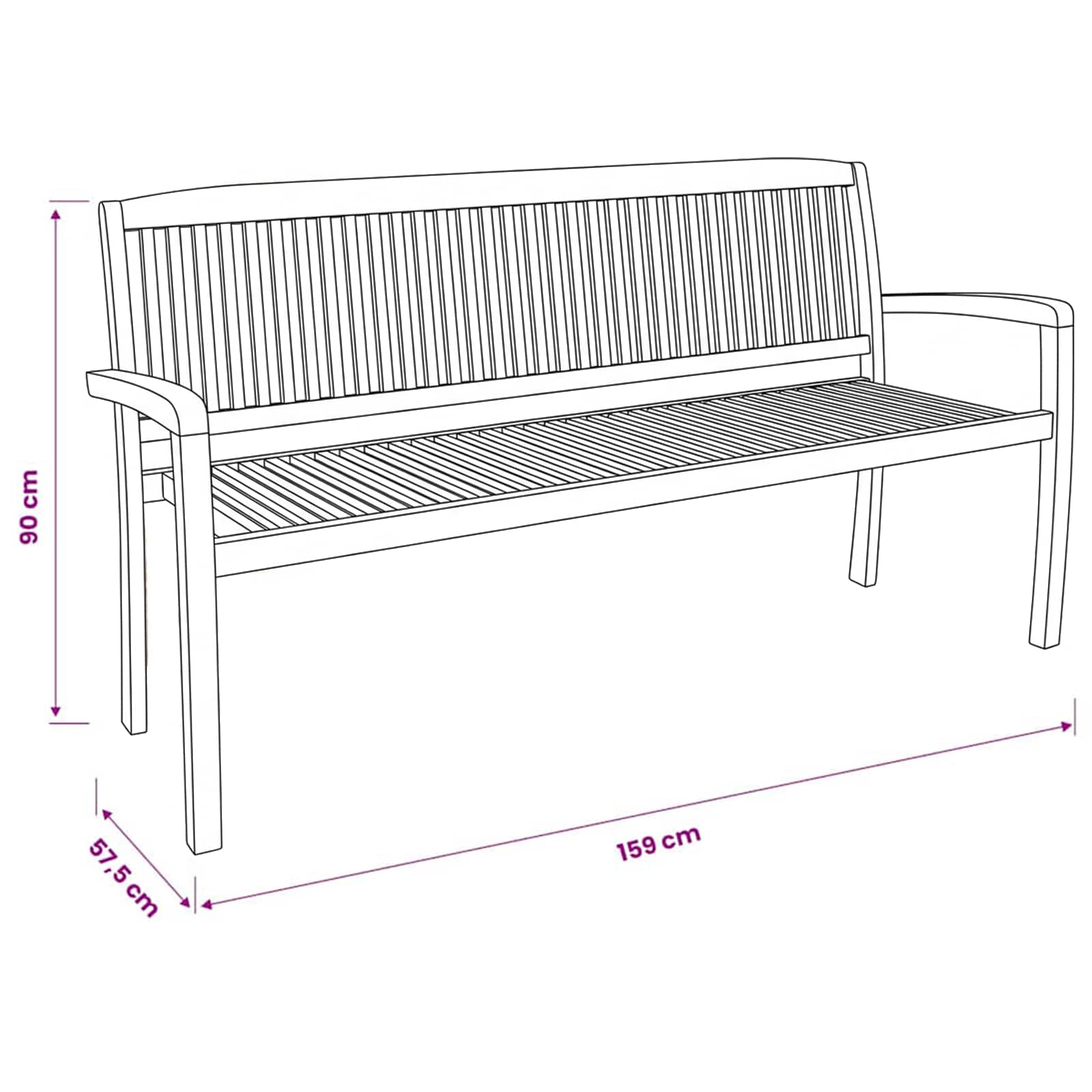 Tuinbank 3-zits stapelbaar 159 cm massief teakhout - Afbeelding 7