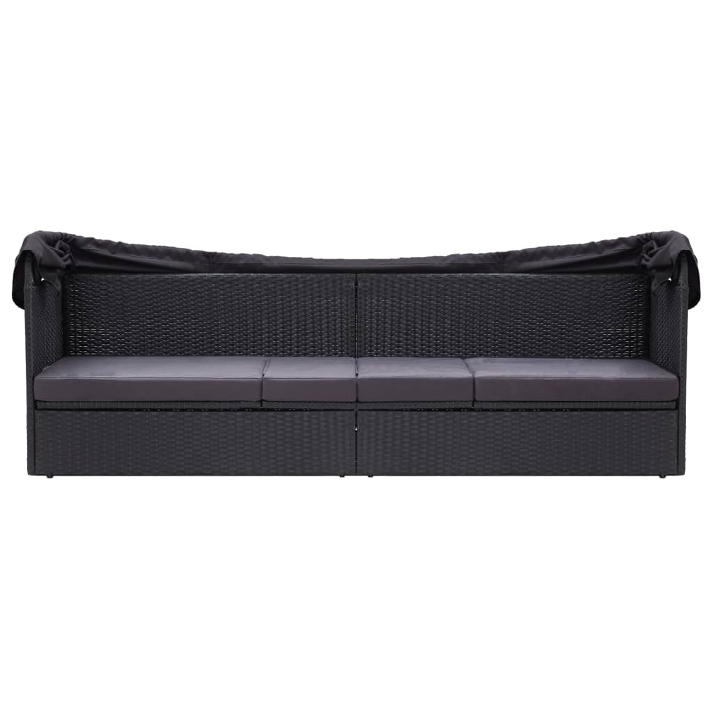 vidaXL Pat canapea de exterior cu copertină, negru, poliratan