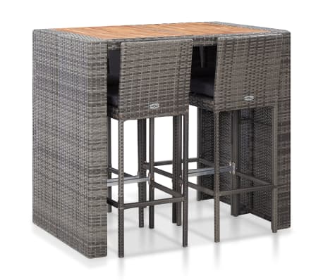 vidaXL Set mobilier bar exterior, 5 piese, gri, poliratan, lemn acacia