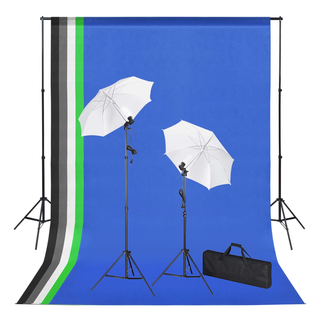 Foto studio set s pozadím, osvětlením a deštníky