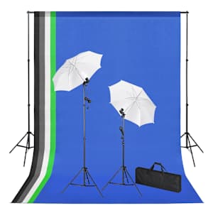 vidaXL fotostuudiokomplekt taustapiltide, lampide ja vihmavarjudega