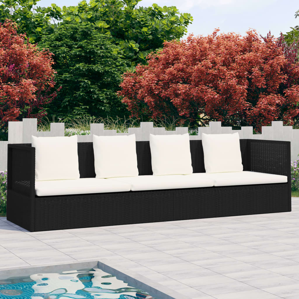 Zahradní postel s poduškou a polštáři polyratan černá