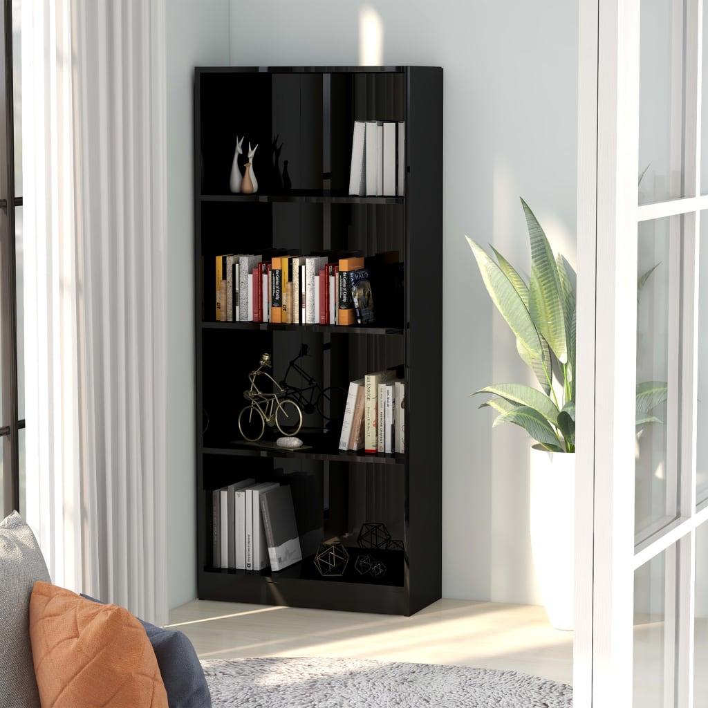 vidaXL Bibliotecă cu 4 rafturi, negru extralucios, 60x24x142 cm, PAL