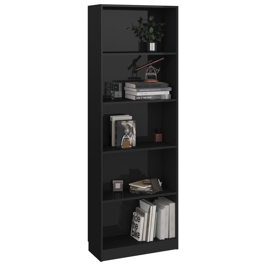 vidaXL Bücherregal 5 Fächer Hochglanz-Schwarz 60x24x175 Holzwerkstoff