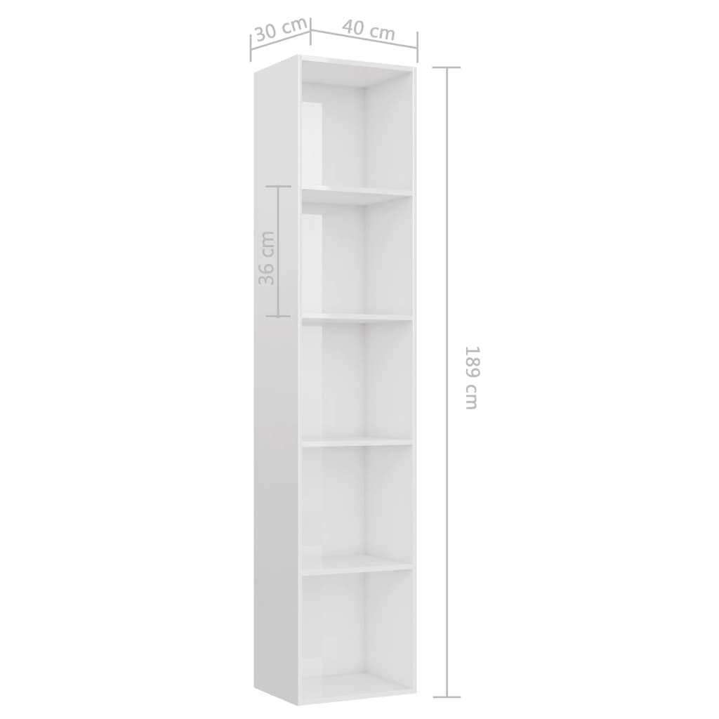 Magasfényű fehér szerelt fa könyvszekrény 40 x 30 x 189 cm 