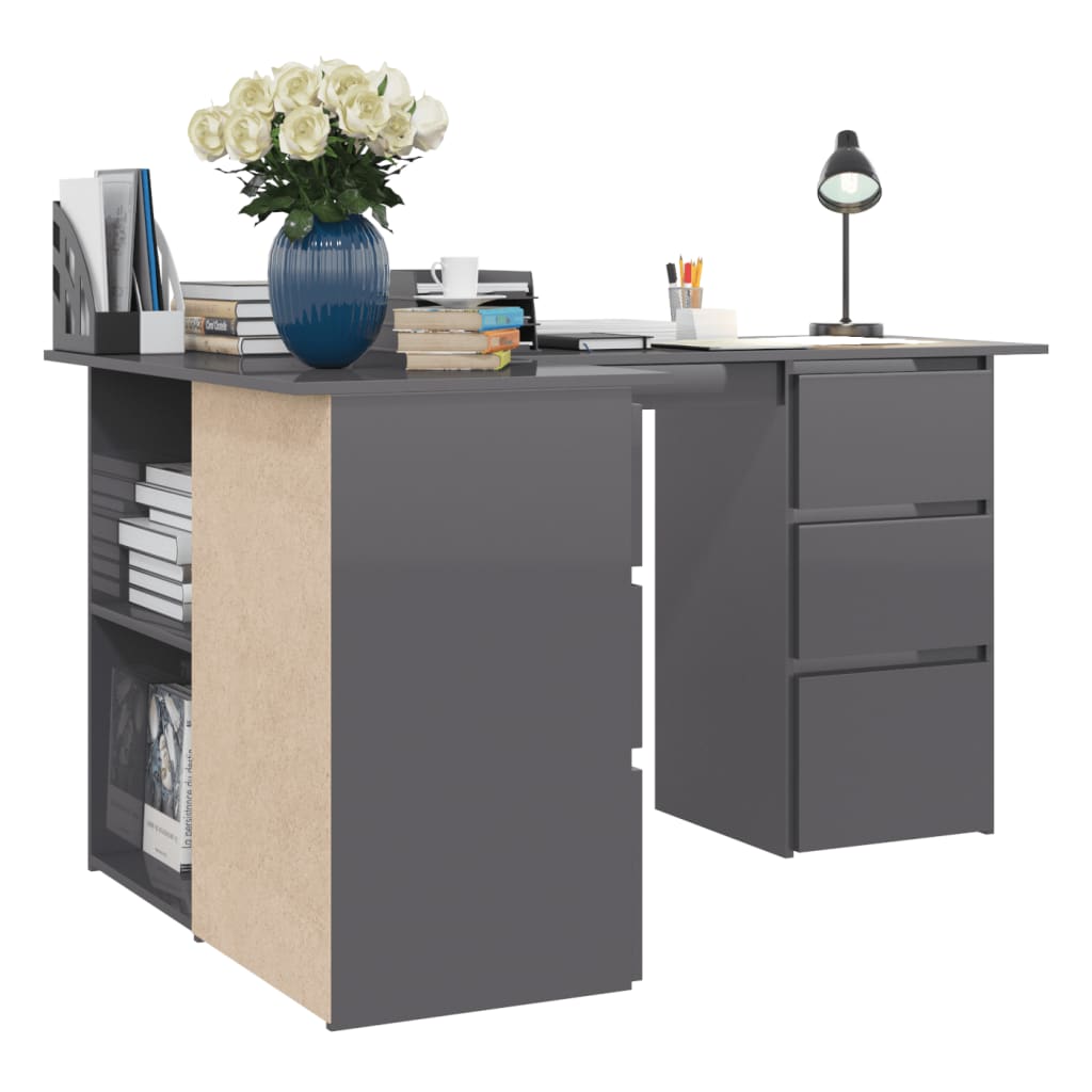 vidaXL Corner Desk High Gloss Gray 57.1"x39.4"x29.9" Chipboard