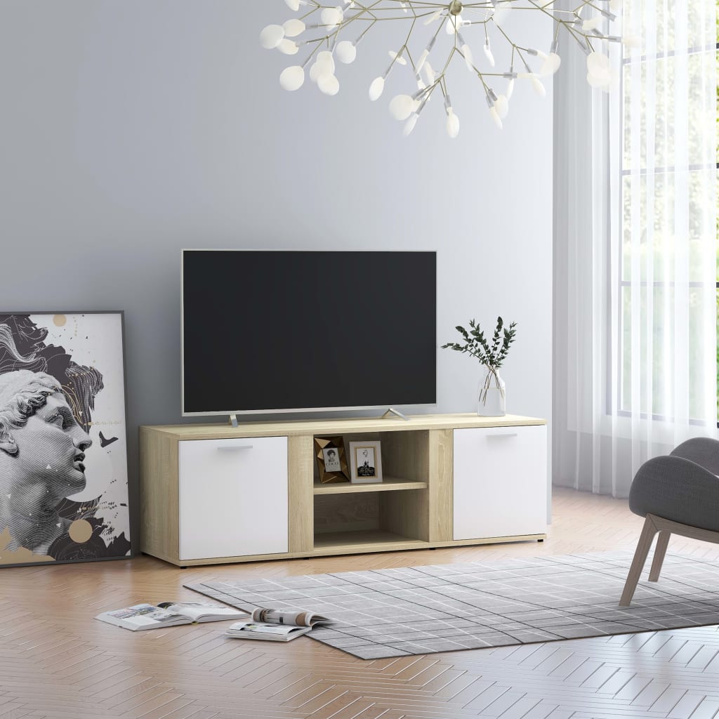 vidaXL Comodă TV, alb și stejar Sonoma, 120 x 34 x 37 cm, PAL vidaXL