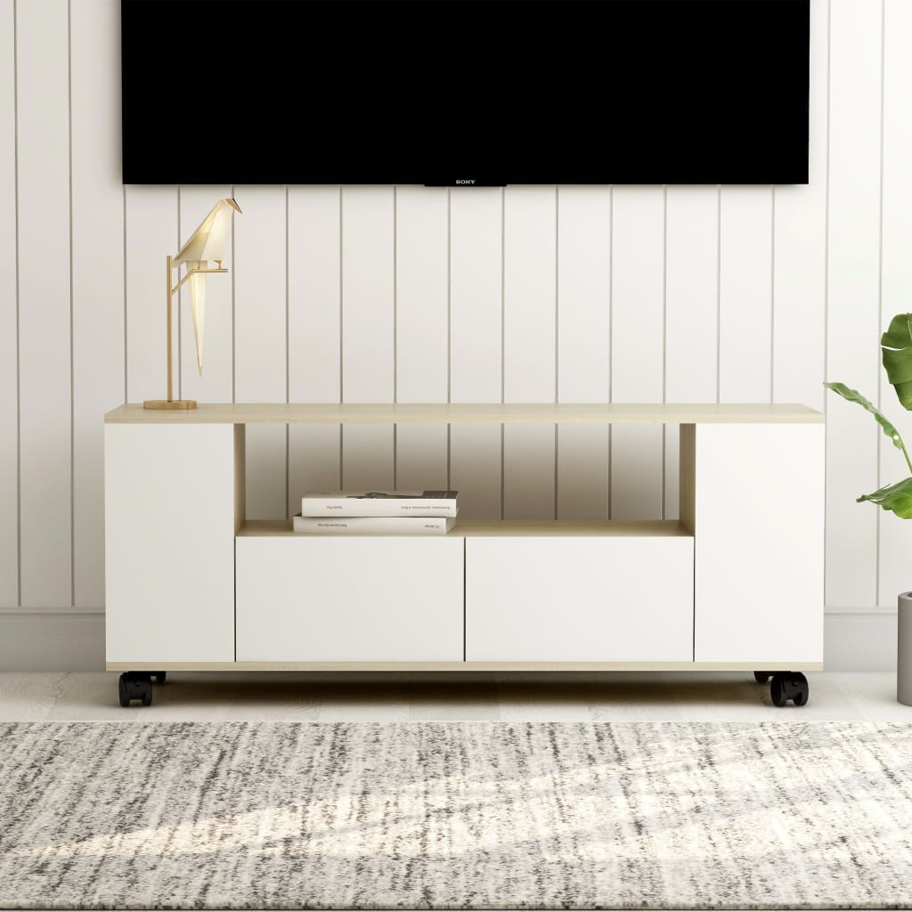 Meuble TV Blanc et chêne sonoma 120 x 35 x 43 cm Aggloméré | meublestv.fr 2