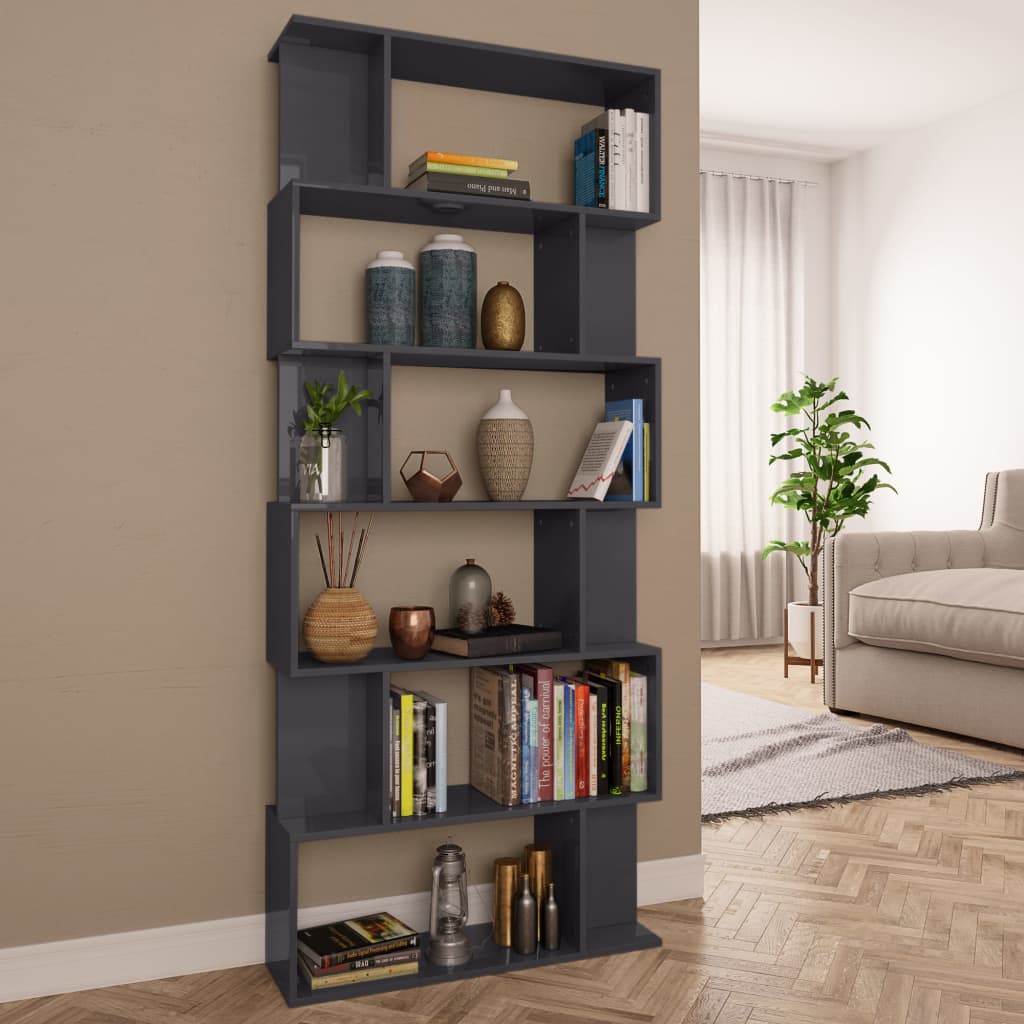 vidaXL Book Cabinet/Room Divider High Gloss Gray 31.5"x9.4"x75.6" Engineered Wood